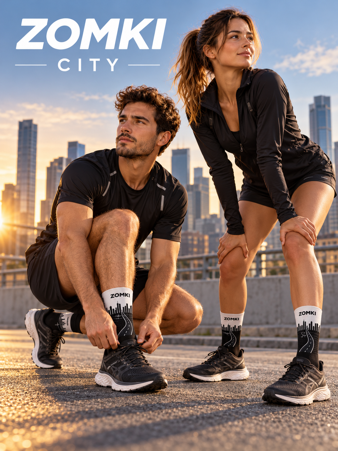 Portada con dos modelos usando calcetines ZOMKI Road Running City; recreación publicitaria con IA