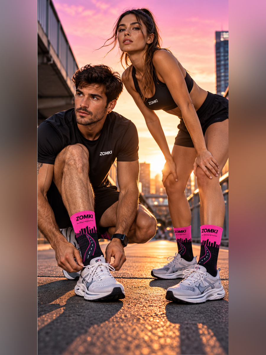 Imagen publicitaria ilustrativa creada con IA: modelos con calcetines ZOMKI Neon en ciudad, en tonos rosa neón