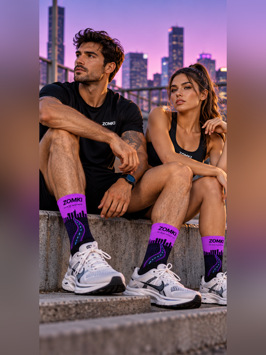 Imagen publicitaria ilustrativa creada con IA: modelos con calcetines ZOMKI Pace en ciudad, en tonos morados