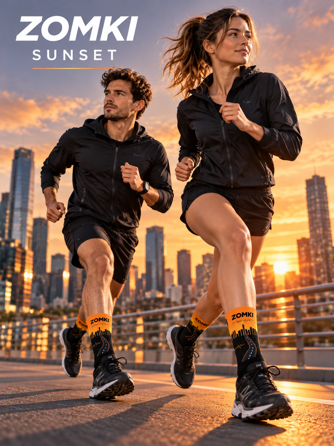 Portada con dos modelos usando calcetines ZOMKI Road Running Sunset; recreación publicitaria con IA