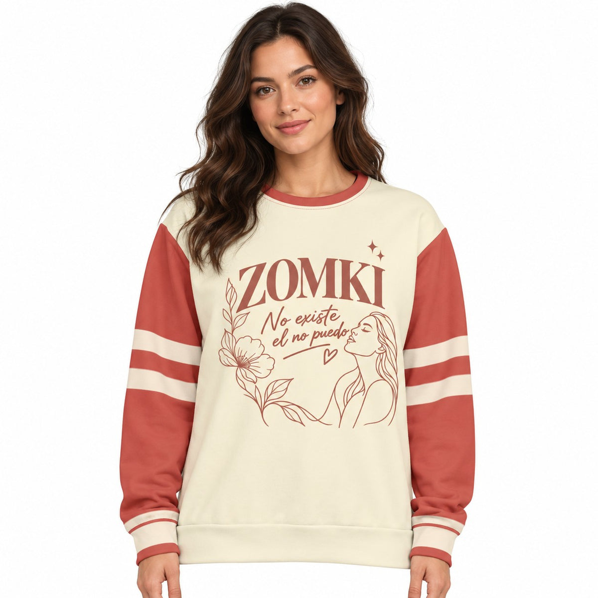 Sudadera ZOMKI Rosa Botánica · Crema en modelo adulto; se vende solo la sudadera. Imagen generada con IA.